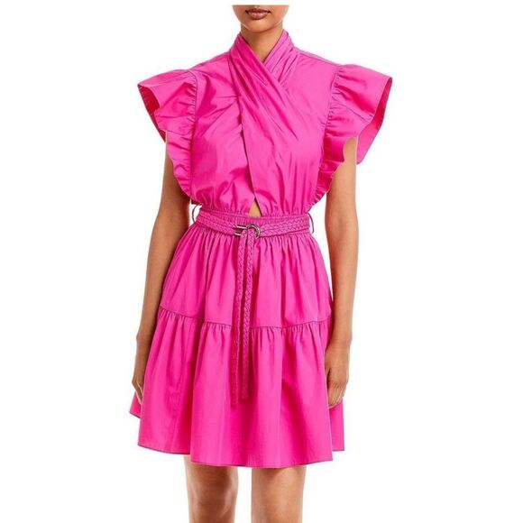 Derek Lam 10 Crosby Finn Ruffle Wrap Tiered Mini Shift Dress in Magenta Size 8 - Picture 2 of 11